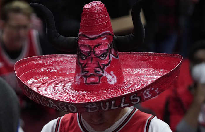 A Chicago Bulls fan before the game between the Chicago Bulls and the Milwaukee Bucks during game four of the first round for the 2022 NBA playoffs 